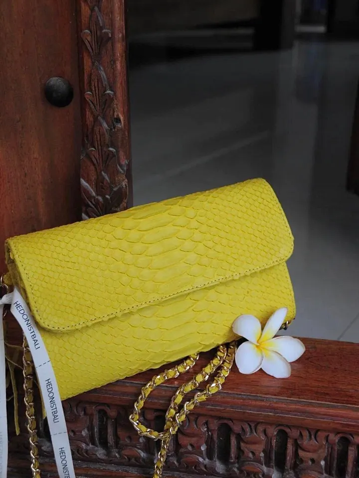 Genuine python skin classy yellow flat clutch with shoulder chain | elegant evening women purse | designer leather bags | small snake bag