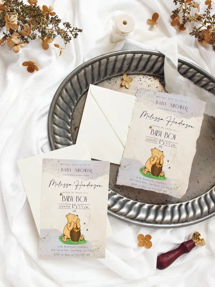 Classic Winnie Pooh Baby Shower Invitation Set; Boy Baby Shower Template; Blue Baby Shower Invite; Honey Bear Invite; Winnie Template