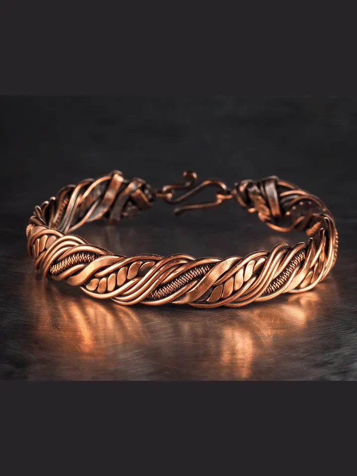 Wire wrapped bracelet, Unique 7th 22nd Anniversary gift idea, Art Nouveau antique style, One of kind braided statement bangle, Handmade oxidized pure copper jewelry, Pain relief, EMF protection
