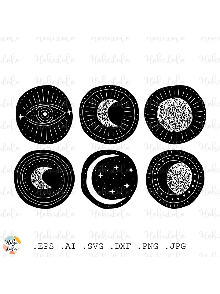 Mystical Moon Svg, Celestial Moon Svg, Moon Cricut, Boho Moon Linocut Png