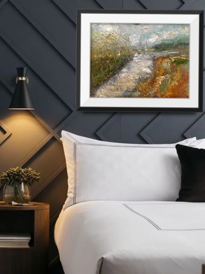 Semi-Abstract landscape painting on canvas,original oil painting,river,trees,mountains,abstract wall art,home decoration