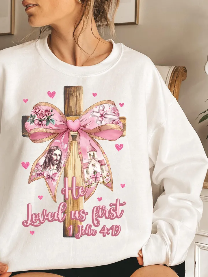 He Loved us first Png, Valentine Png, Valentine Bow Png, Christian Cross Png, Bible verse Png, Love like Jesus, Jesus Valentine png John 4