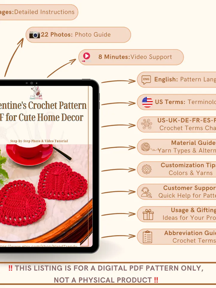 Crochet Heart Diy Pattern PDF, Easy Valentine Crochet Applique, Beginner-Friendly Romantic Heart Coaster DIY, Instant Download Pattern
