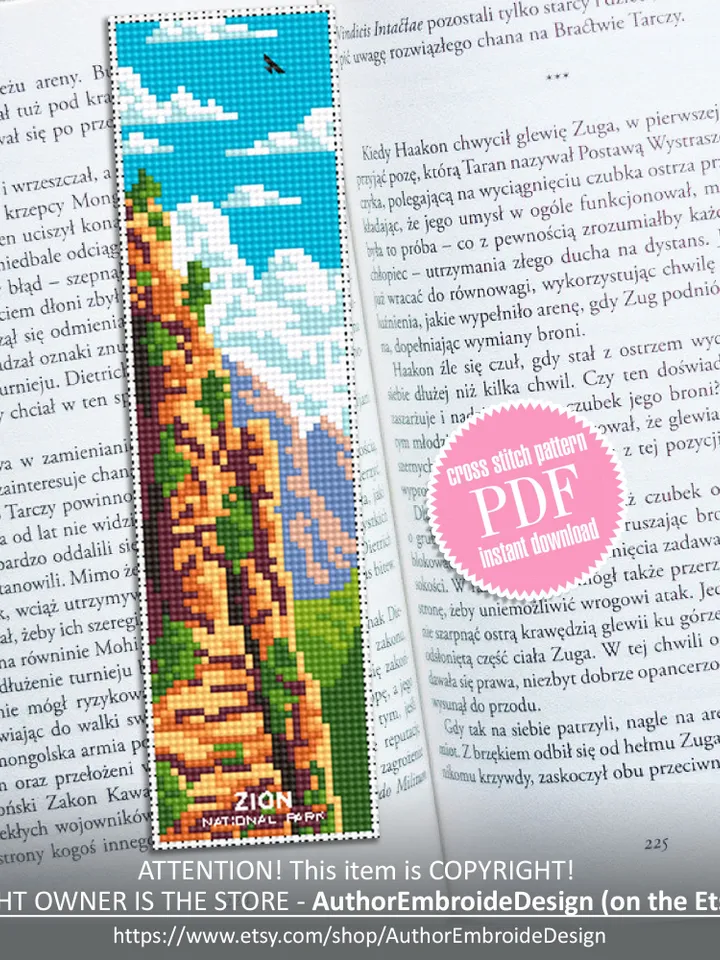 Zion national park bookmark cross stitch pattern PDF download Nature cross stitch chart, Digital bookmark pattern, Mountain landscape #B221
