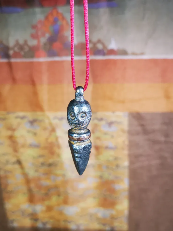 Gandhanra Handmade Skull Phurba Amulet,Kila - Dorje Phurba,Tibetan Budhist Ritual Implement Pendant,Made of Cold Iron,44mm