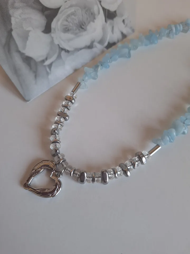 Choker made of hematite, aquamarine and clear quartz Grey blue jewelry for women Spectacular jewelry as a gift Chic necklace made of natural stones Accessory with a large metal heart