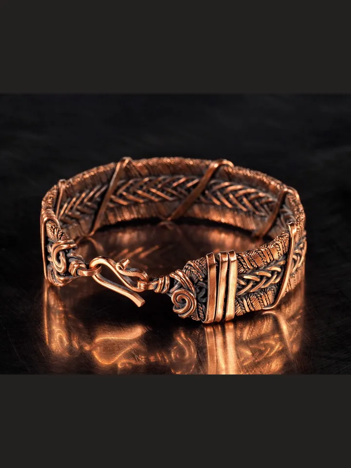 Wire wrapped bracelet, Unique 7th 22nd Anniversary gift idea, Art Nouveau antique style, One of kind braided statement bangle, Handmade oxidized pure copper jewelry, Pain relief, EMF protection