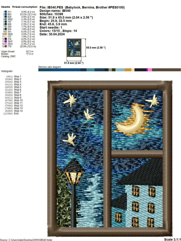 Machine embroidery design for art therapy: Brooch "Window night landscape"