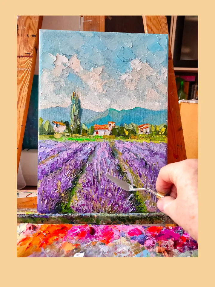 Oil Painting "Provence Landscape" Lavender Fields Original Art Stretched Canvas  Impasto Artwork Floral Landscape Painting 14 x 10 inches by Nata_Lena_Art