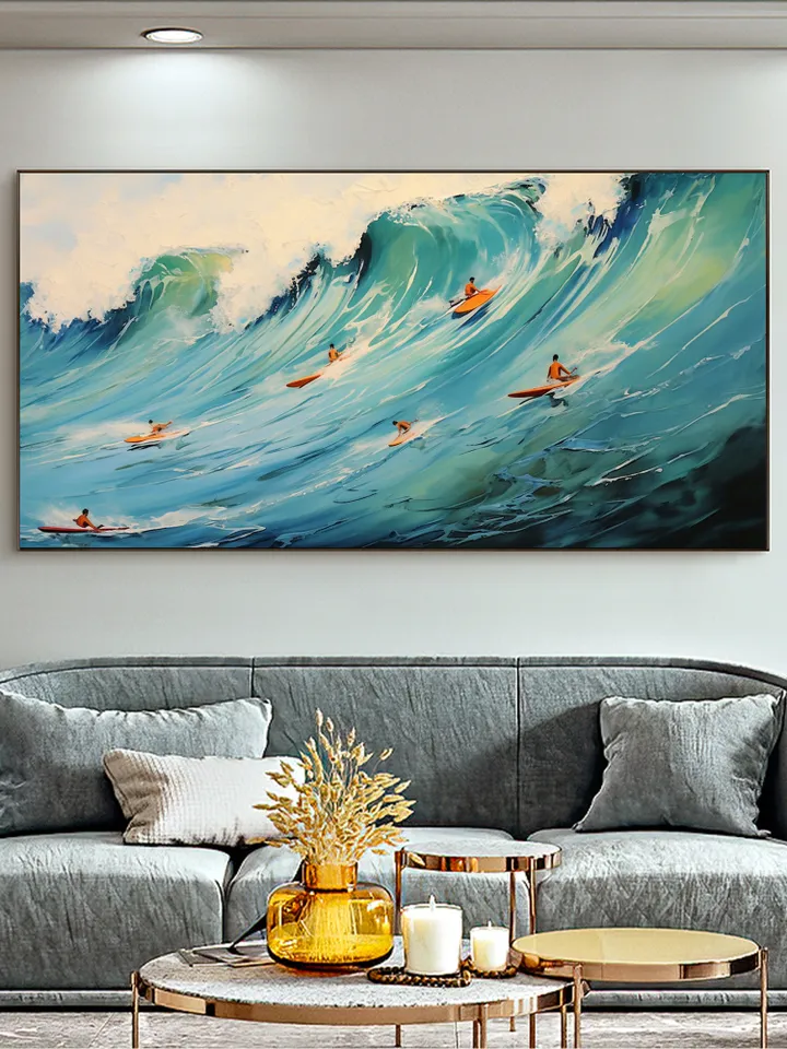 Original Surf Painting on Canvas, Custom Painting, Large Wall Art Personalized Gift, Blue Ocean Waves Nature Scenery Art, Bedroom Wall Decor