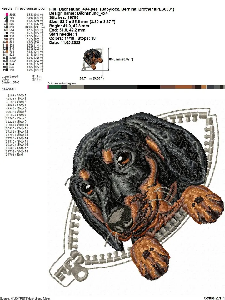 Dachshund in a zipper pocket Miniature realistic machine embroidery design Pet design dog realistic pattern puppy embroidery motif