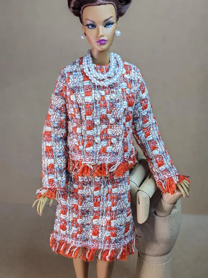 Handmade red & white bouclé suit with pearl clasps for 16-inch Fashion Royalty dolls (FR16)