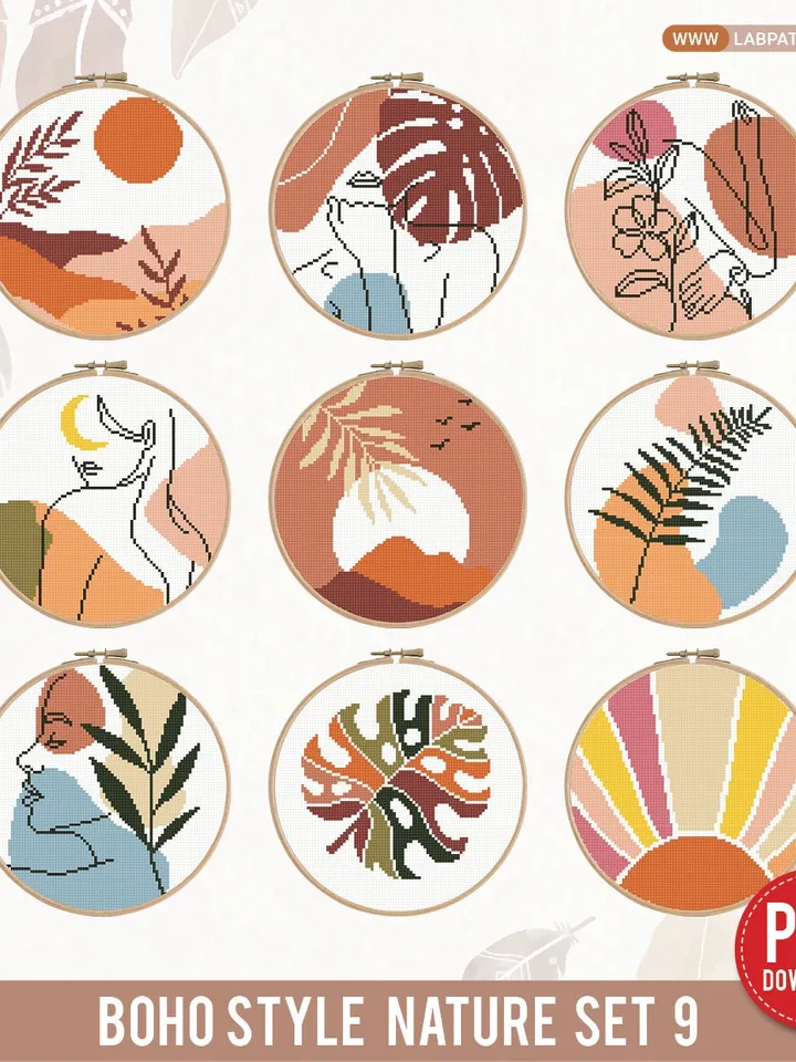 Bundle of 9 Boho Style modern cross stitch woman cross stitch patterns nature home decor beginners embroidery counted gift DIY instant PDF
