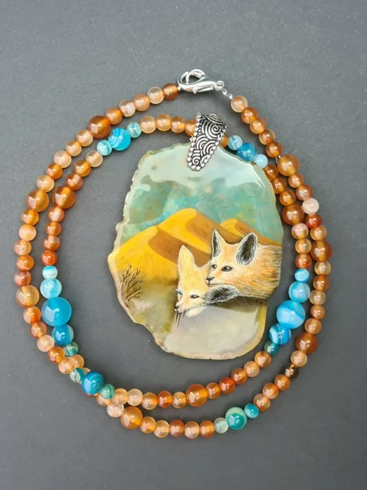 Desert fox fenech necklace with big ears Hand painted jewelry miniature painting