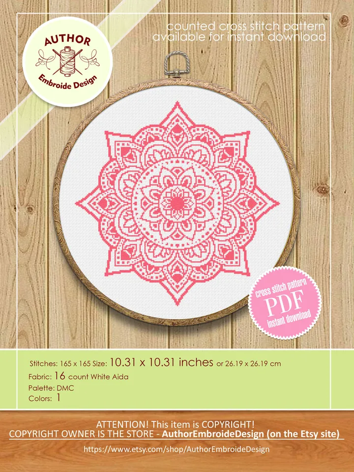 Flower mandala cross stitch pattern PDF download, Floral mandala pattern digital PDF, Mandala ornament cross stitch chart, Home decor #M238