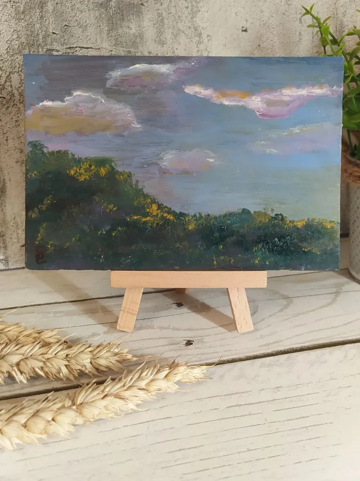 Oil painting "Clouds over a meadow", miniature, about 4*6 inches (10*15 cm)