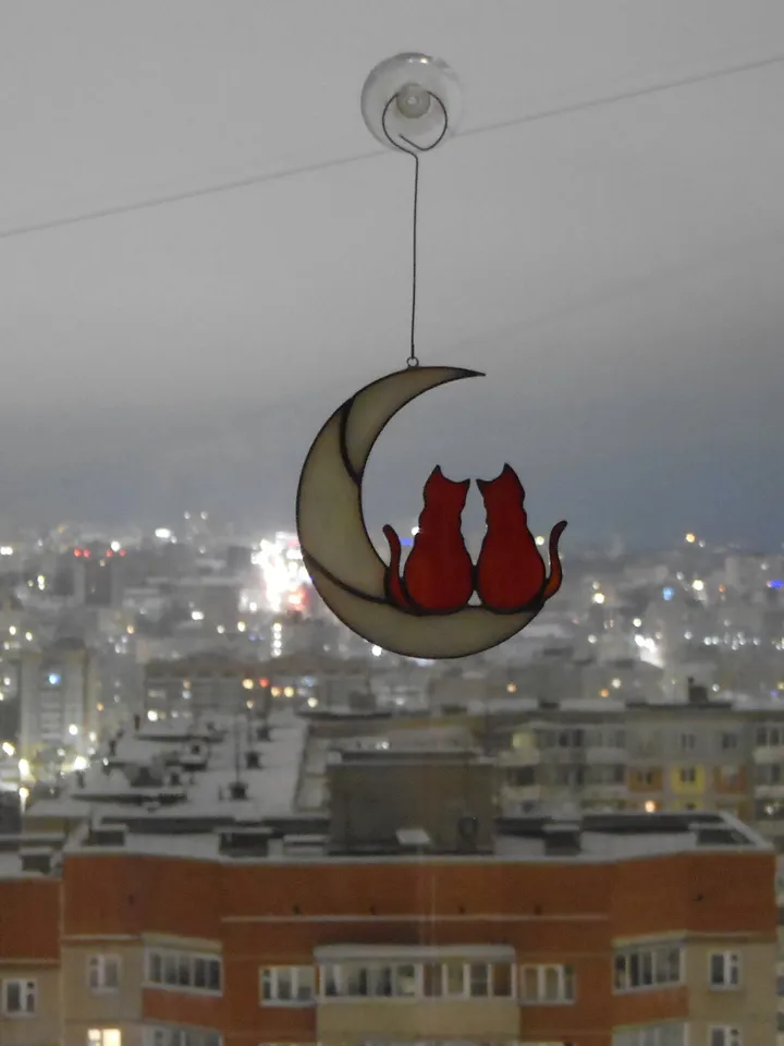 Two Ginger Cats On Moon . Stained glass window hanging Suncatcher . Gift for animal lover , pet loss memorial , orange 2