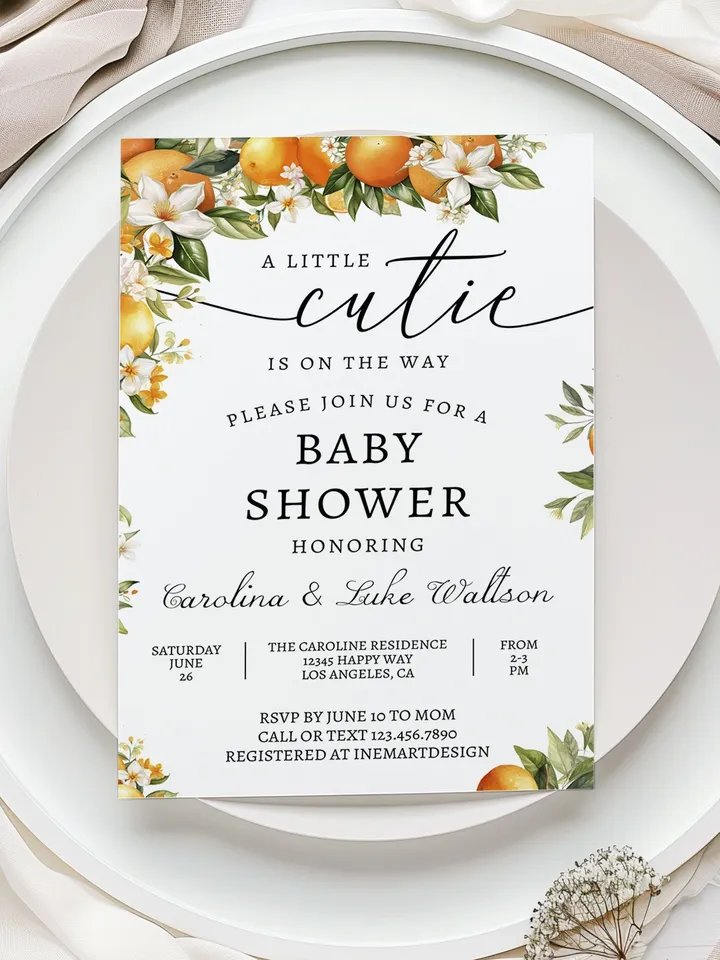 Editable A Little Cutie is on the Way Greenery Orange Gender Neutral Couples Baby Shower Invitation Invites Template Instant Download