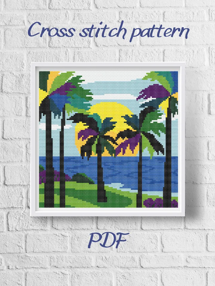 Cross stitch pattern /100x100st/ Palm trees on the shore / Easy cross stitch pattern PDF / Cross stitch chart PDF