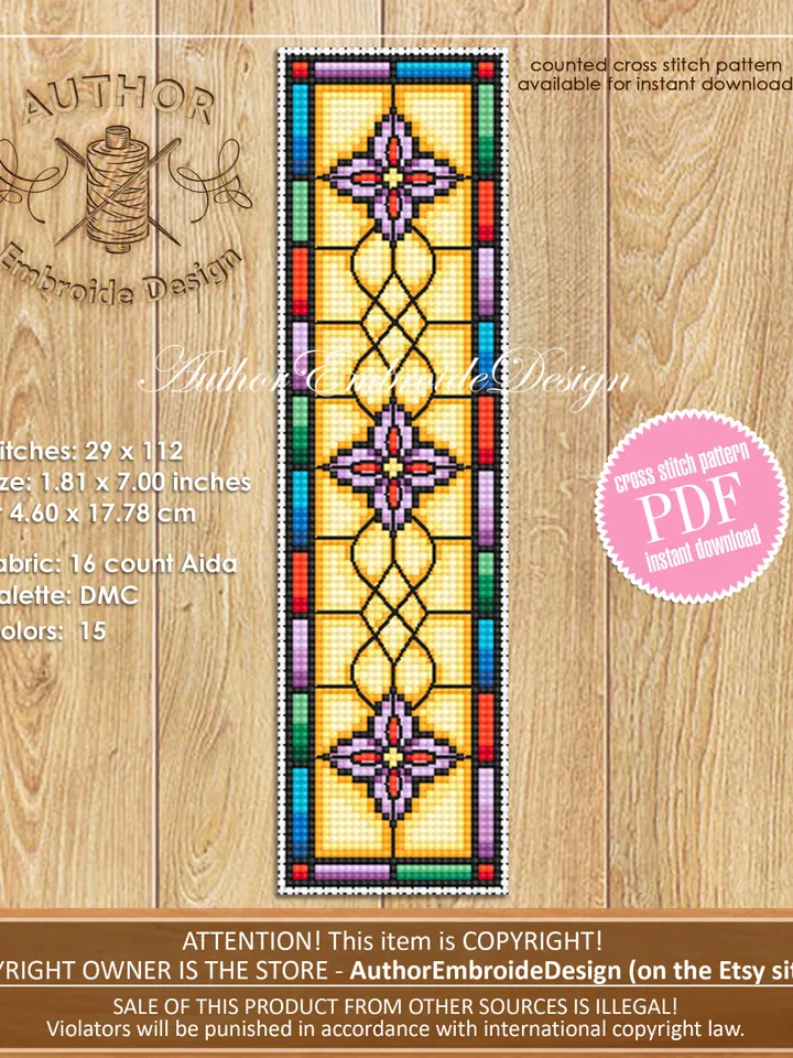 Stained glass bookmark cross stitch pattern PDF download Stained glass flower cross stitch chart, Modern bookmark pattern digital PDF #B298