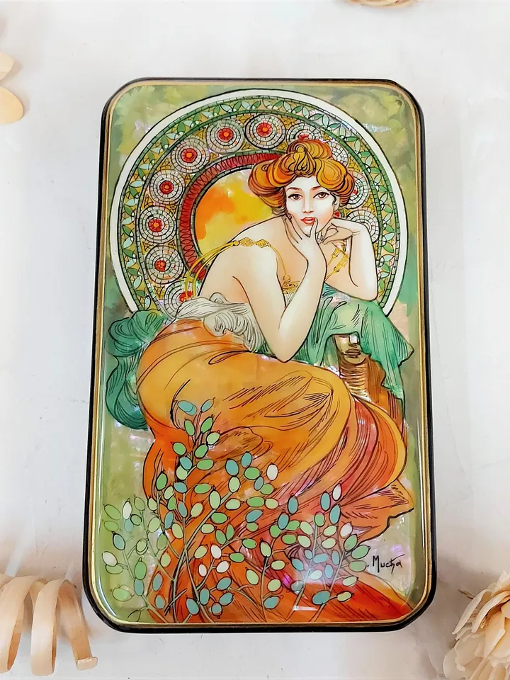Beautiful Lacquer Box Alphonse Mucha "Topaz" Hand painted miniature painting jewelry box Mother of pearl Papier mache Art gift Fedoskino