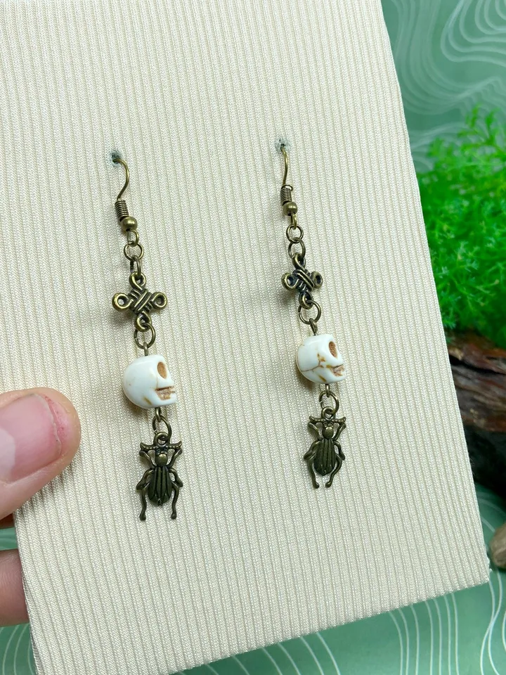 Earrings with skulls and beetles. Handmade bronze earrings.