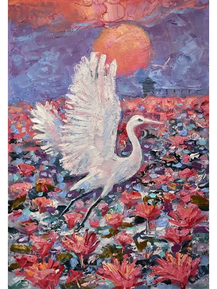 Heron Painting Thailand Original Art Red Lotus Artwork Bird Small Impasto Lake