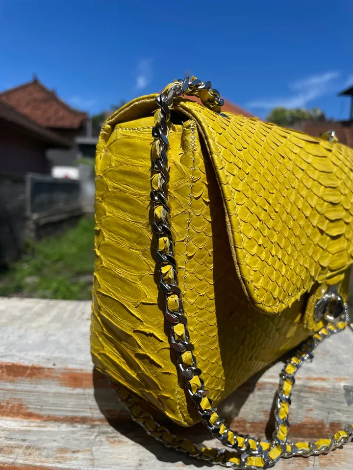Genuine python skin maxi crossbody yellow bag, summer big chain crossbody, elegant classy crossbody bag genuine leather summer | snakeskin