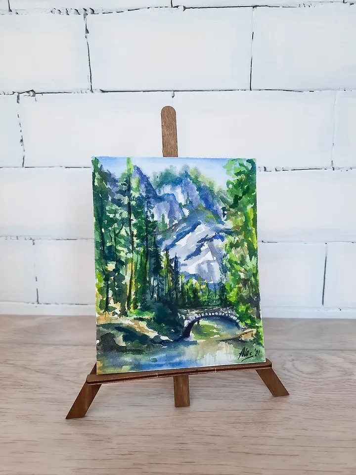 Bridge painting Original watercolor painting Mountain landscape Forest painting