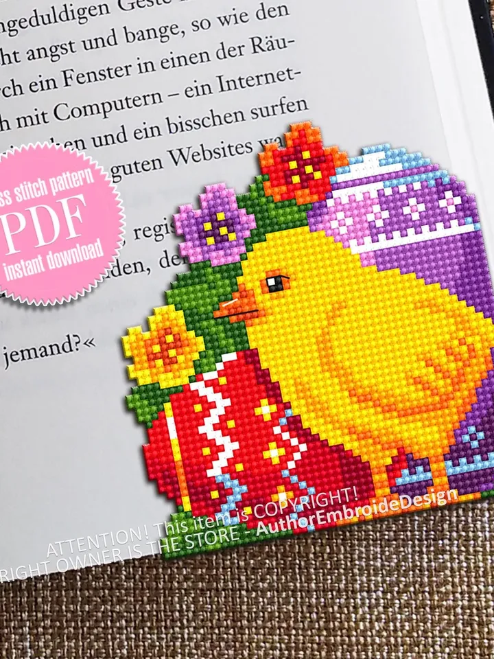 Easter Corner bookmark cross stitch pattern PDF download Easter chick cross stitch chart, Spring bookmark pattern digital, Easter eggs #B405