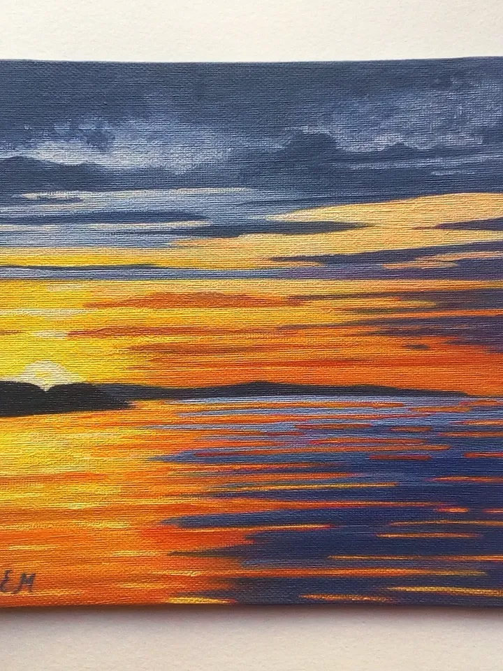 Seascape, Painting Sunset on the sea, Orange sunset, Landscape - acrylic, Painting with sunset