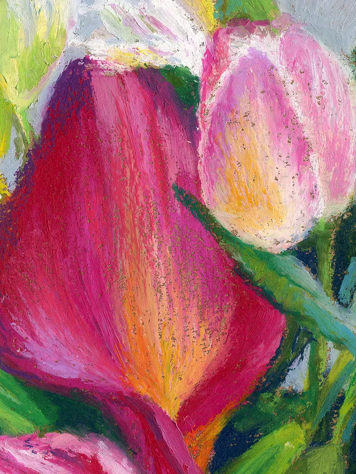 Bouquet of flowers Calla Roses Tulips Oil Pastel drawing on A4 craft paper