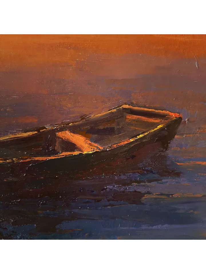 Boat in the Reeds Lake Painting 8,5x12" ORIGINAL PAINTING Sunset Landscape Impressionist Signed by artist Marina Chuchko