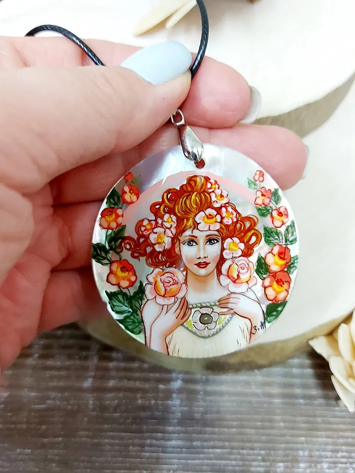 Pearl pendant necklace: Rose by Alphonse Mucha on aesthetic pendant. Handmade Floral jewelry with abalone mother-of-pearl. Gift for mother
