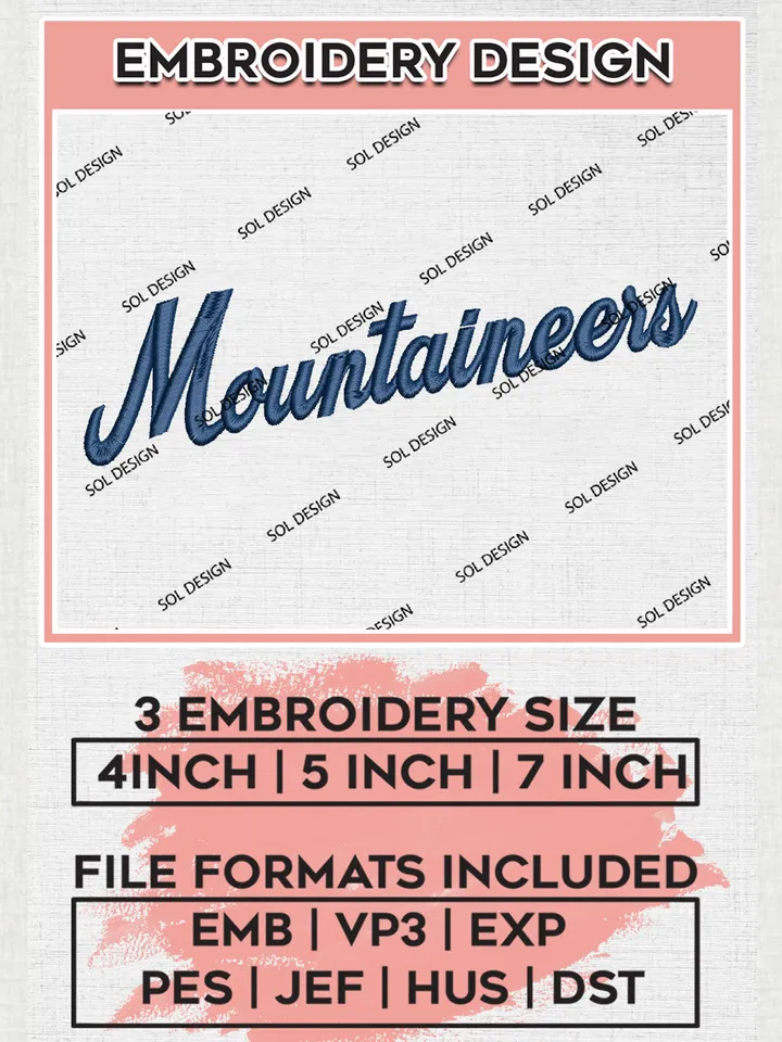 NCAA Mountaineers Team Wordmark Logo Embroidery Design Files, NCAA West Virginia Mountaineers Machine Embroidery, NCAA Teams, 3 sizes, NCAA Machine embroidery designs, Digital Download