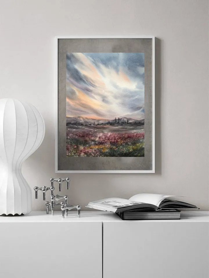Field Painting Original Watercolor Painting Sunset Painting Landscape Wall Art Sky Painting