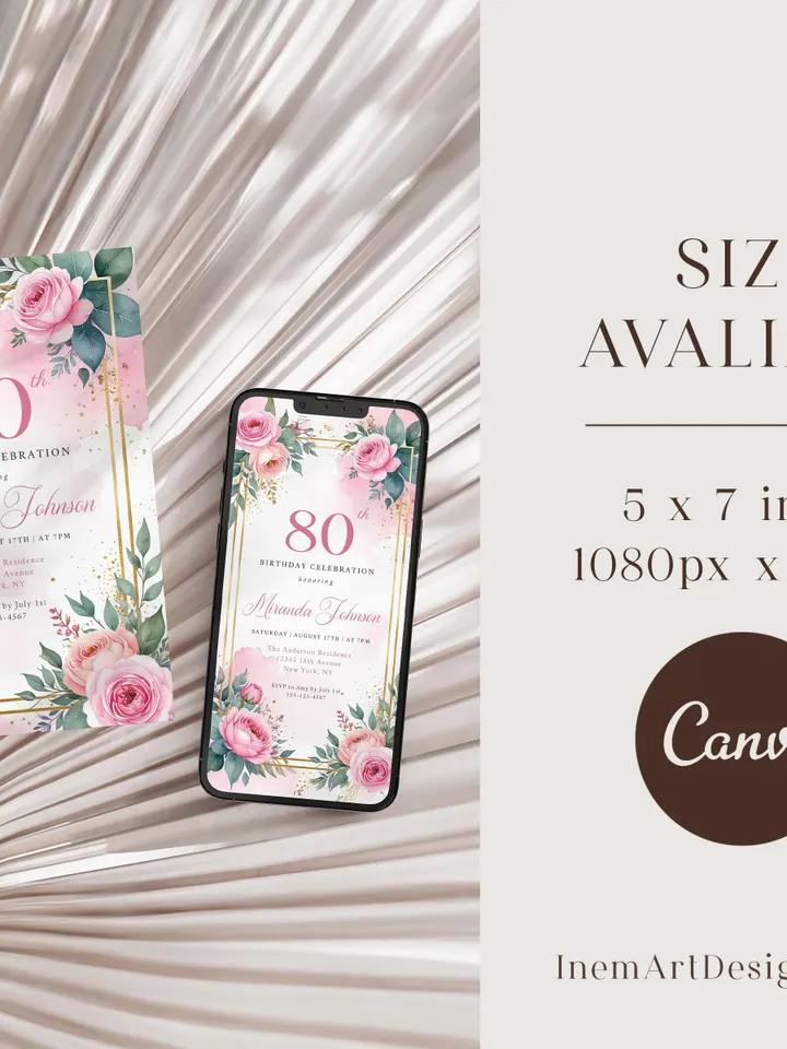 80th Birthday Invitation for Women – Pastel Dusty Pink Floral & Gold, Elegant Printable Party Invite for Women or Mom, Canva Template