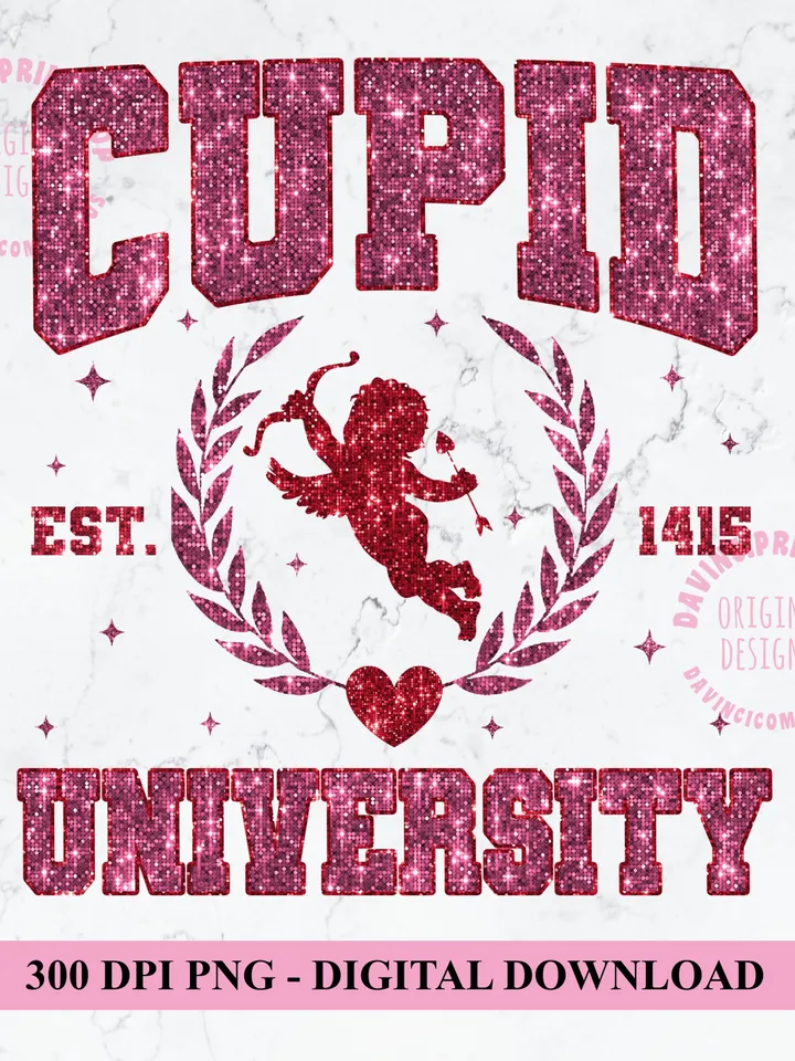 Glitter Cupid University PNG, Valentines Day T Shirt Sublimation, Retro Valentines png, Love Sublimation, Cupid png, Heart png, Valentines