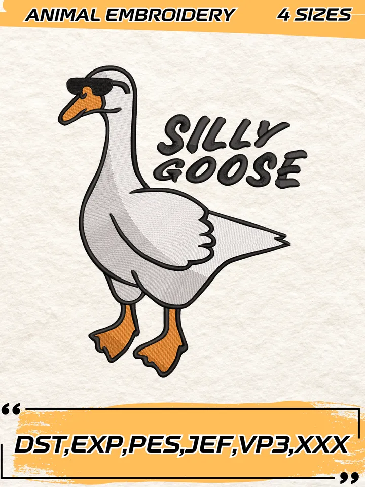 Funny Silly Goose Embroidery Design,Animal Embroidery Design, Silly Goose Design,4 Sizes,Digital Download