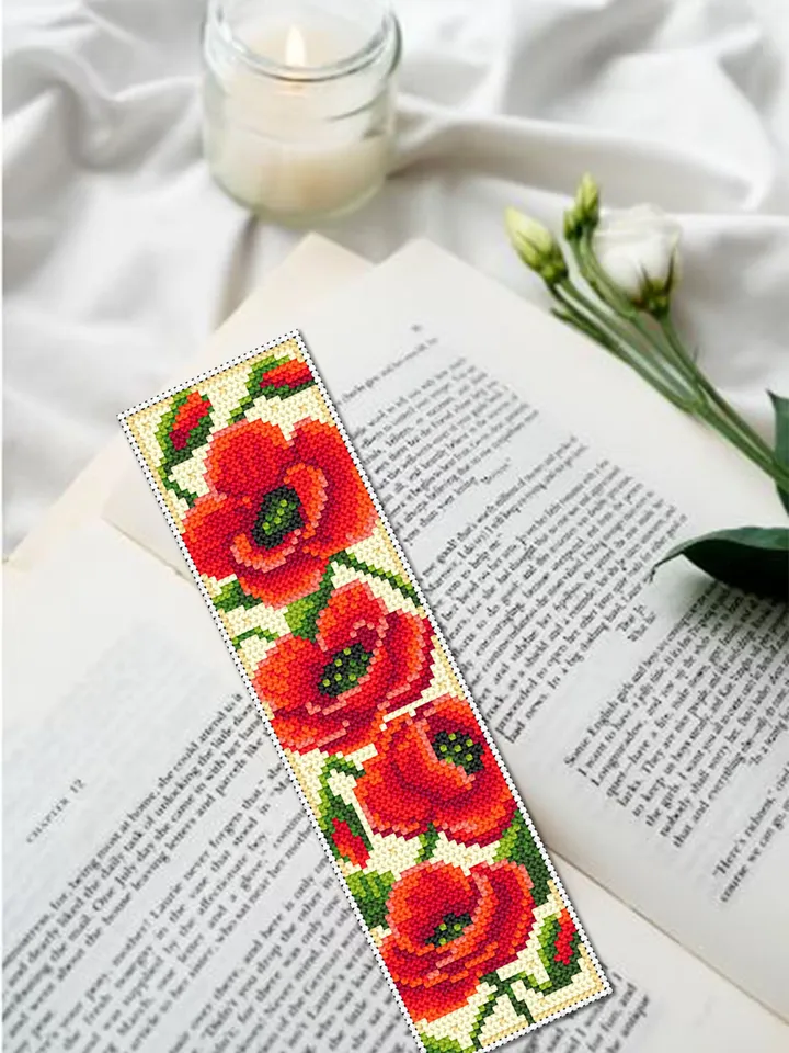 Flower bookmark poppies cross stitch pattern download PDF Modern handmade bookmark digital PDF, Red poppy flower cross stitch chart #B193