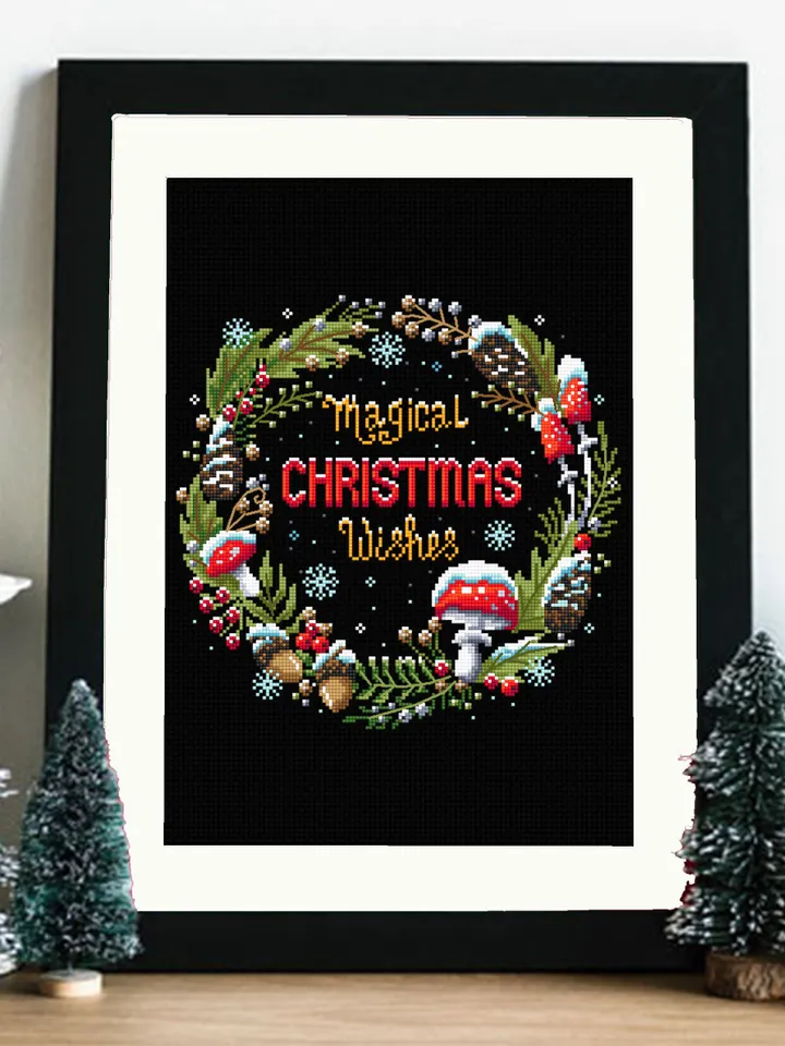 Christmas wreath cross stitch pattern download PDF Magic mushroom cross stitch chart, Holiday embroidery, Christmas pattern digital PDF #N66