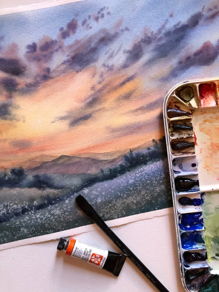Sunset Painting Original Watercolor Landscape Cloud Painting Original Sky Wall art