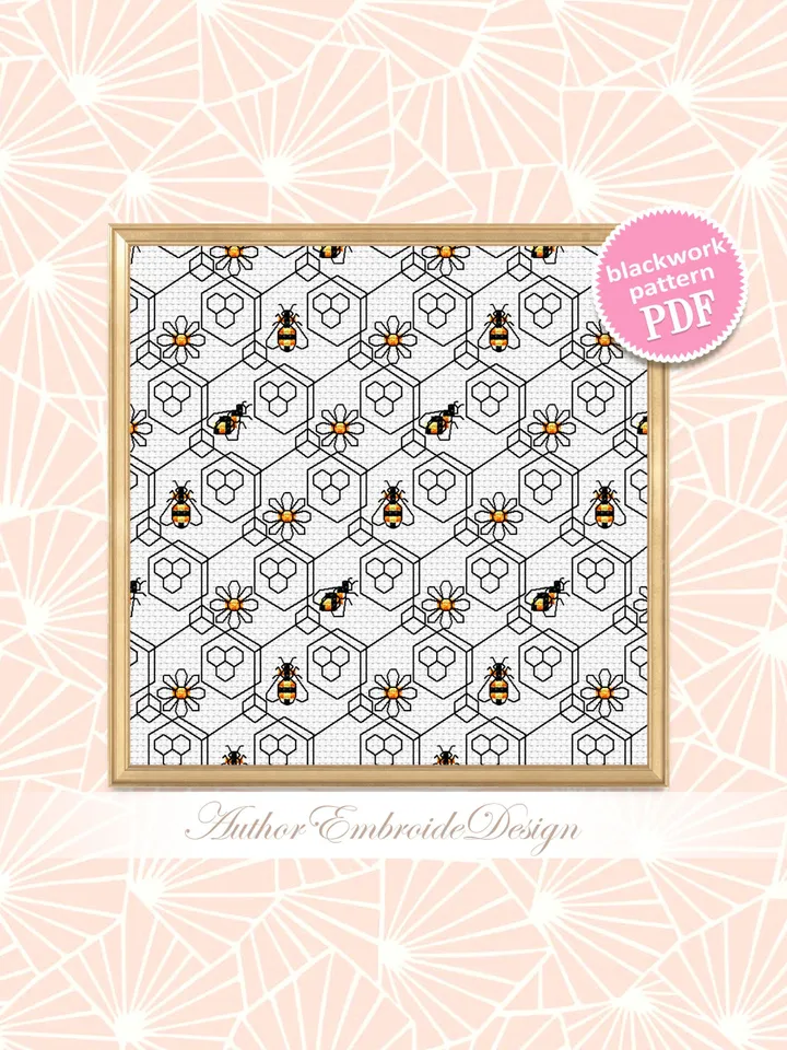 Bee geometric blackwork pattern PDF Honeycomb seamless pattern, Backstitch repeating pattern embroidery, Bee cross stitch download PDF #W2