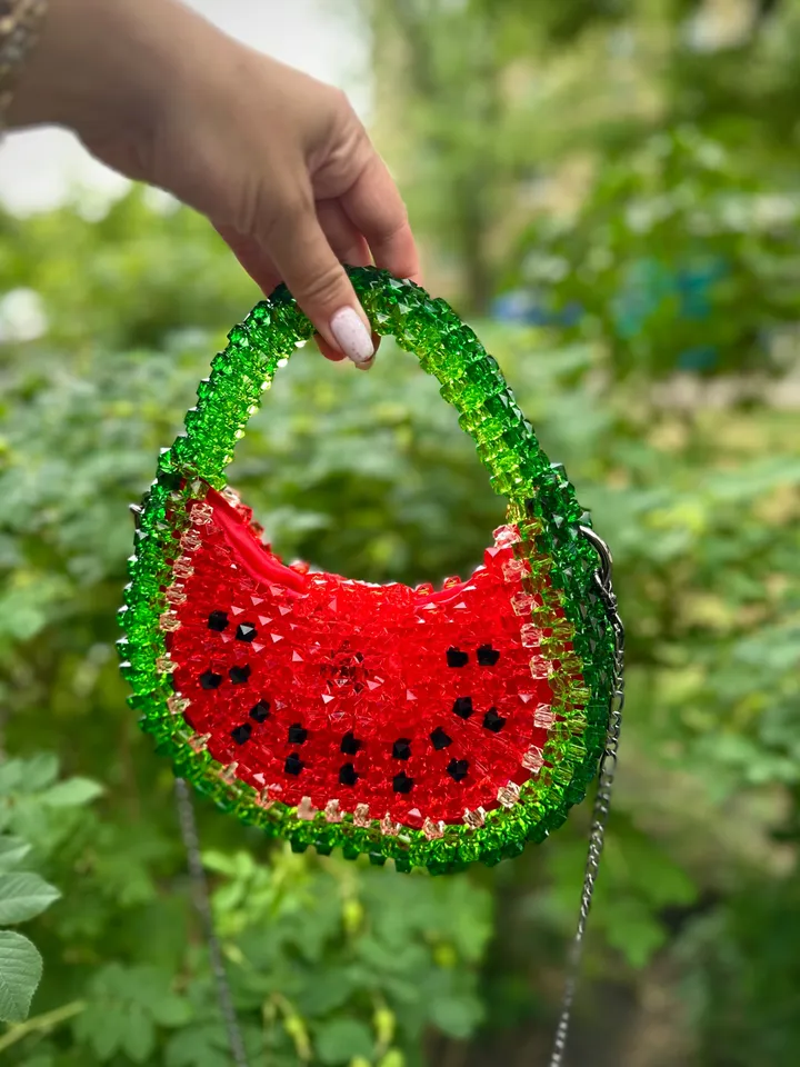 Watermelon beaded handbag, women bag, shoulder bead bag, purse for summer, bridesmaid woven bag, festival bag, small crossbody, luxury gift