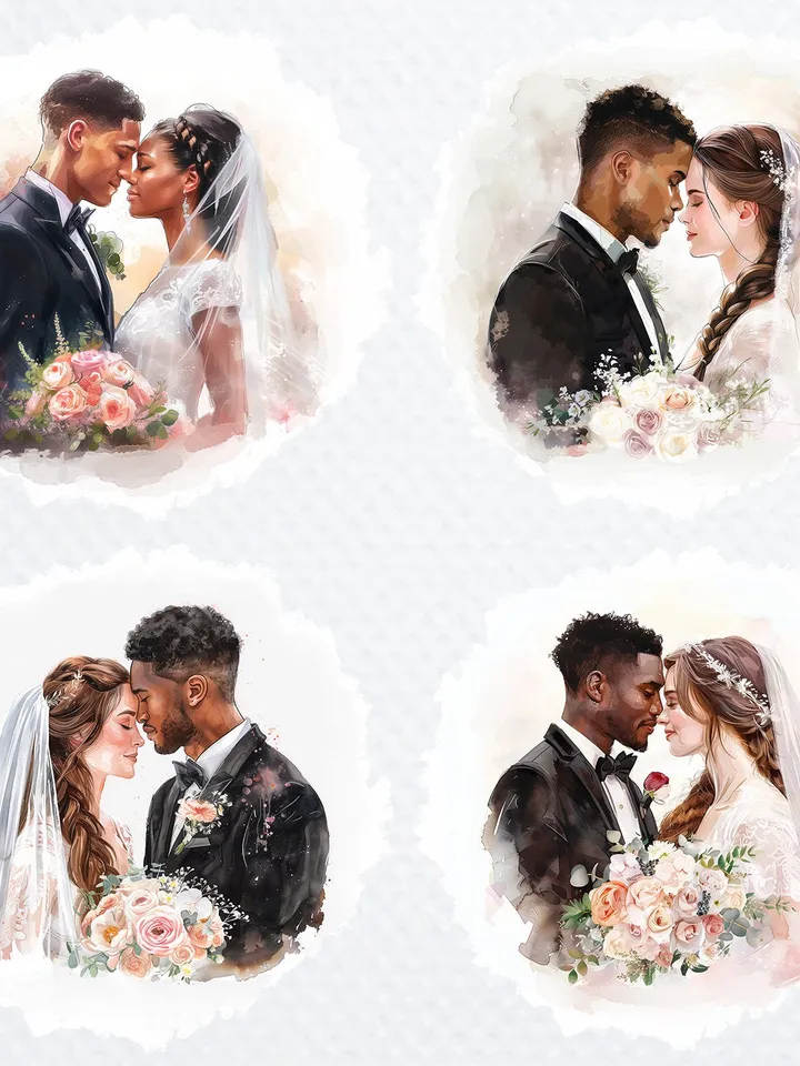 22 Wedding Couple PNG Bundle for Wedding Invitation, Printable Watercolor clipart for sublimation, Interracial couples PNG , junk journal
