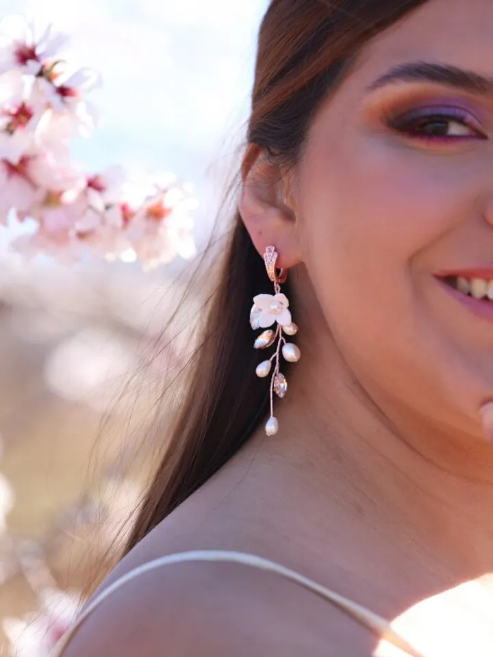 Long Boho Wedding Earrings, Delicate Porcelain Flowers Wedding Earrings, Freshwater Pearl Bridal Earrings, Floral Statement Wedding Jewelry