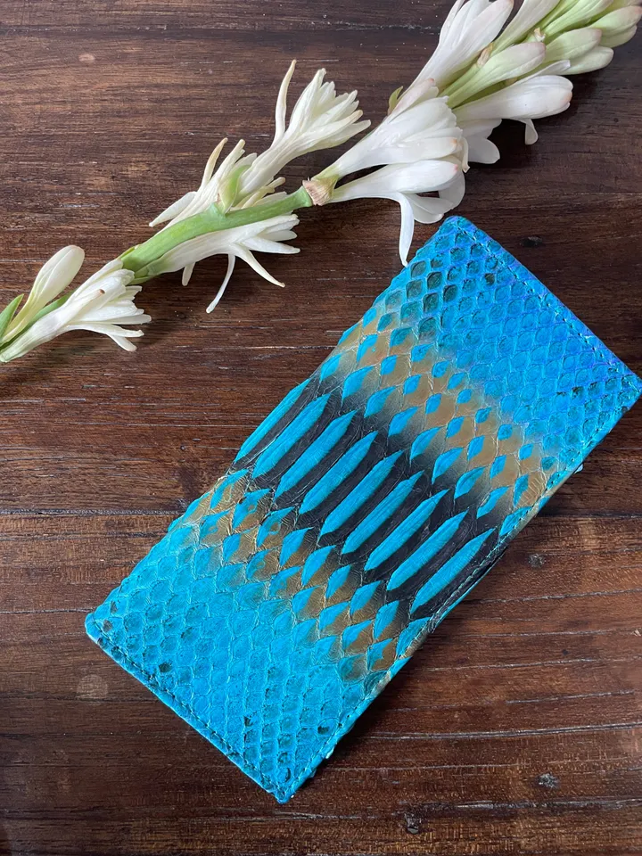 Genuine python skin flat unisex turquoise wallet / small money reptile blue purse / exotic leather snakeprint / cardholder gift idea