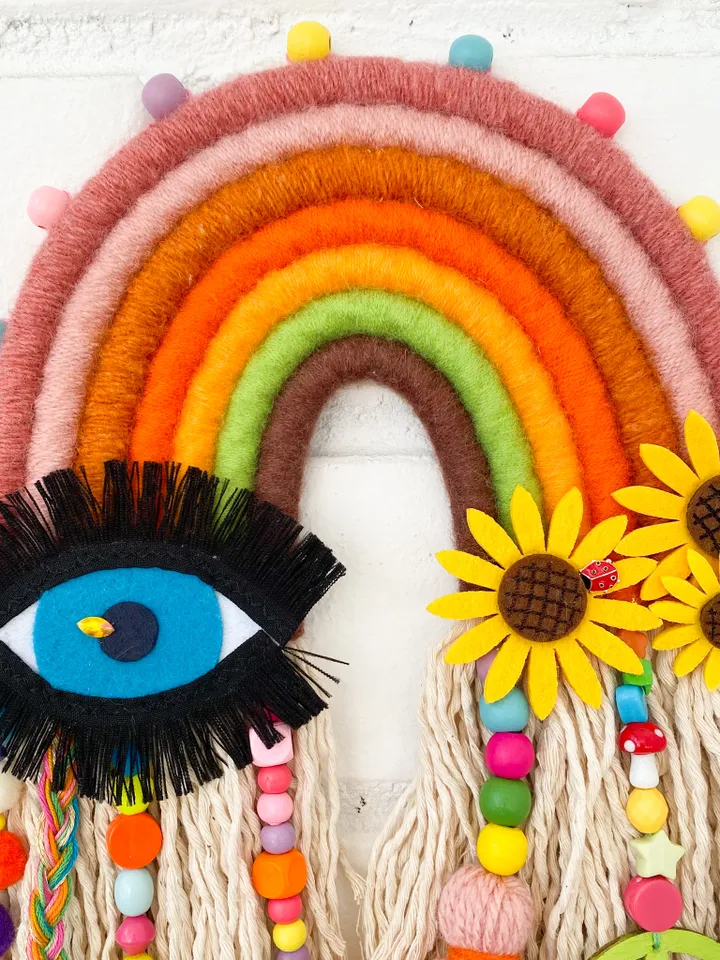 Hippie room decor, Macrame rainbow wall hanging with evil eye and peace sign, Boho home decor