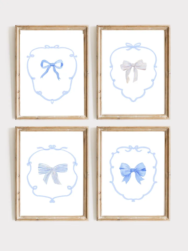 Blue Bow Set Of 4 Watercolor Painting, Nursery Wall Decor, Girls Room Decor, Boys Room Ideas, Coastal Cowgirl Art, Preppy Bow, Blue Girly