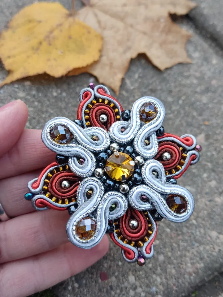 Beaded brooch, orange brooch, gold brooch flower, Embroidered soutache brooch, royal cross brooch